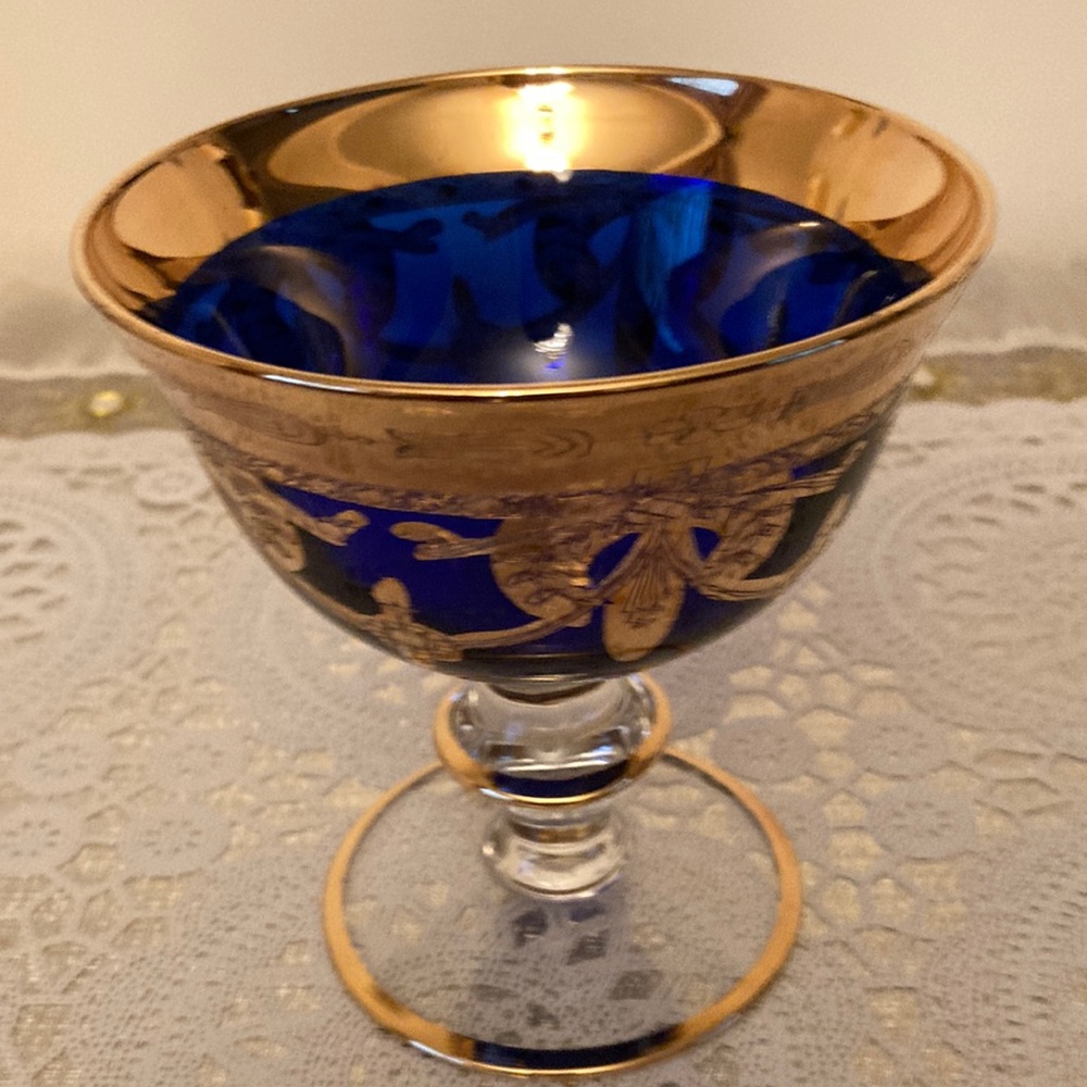 SC LINE Cobalt Blue 24K Gold Swags Goblet Mouth Blown and Hand Decorated Italy